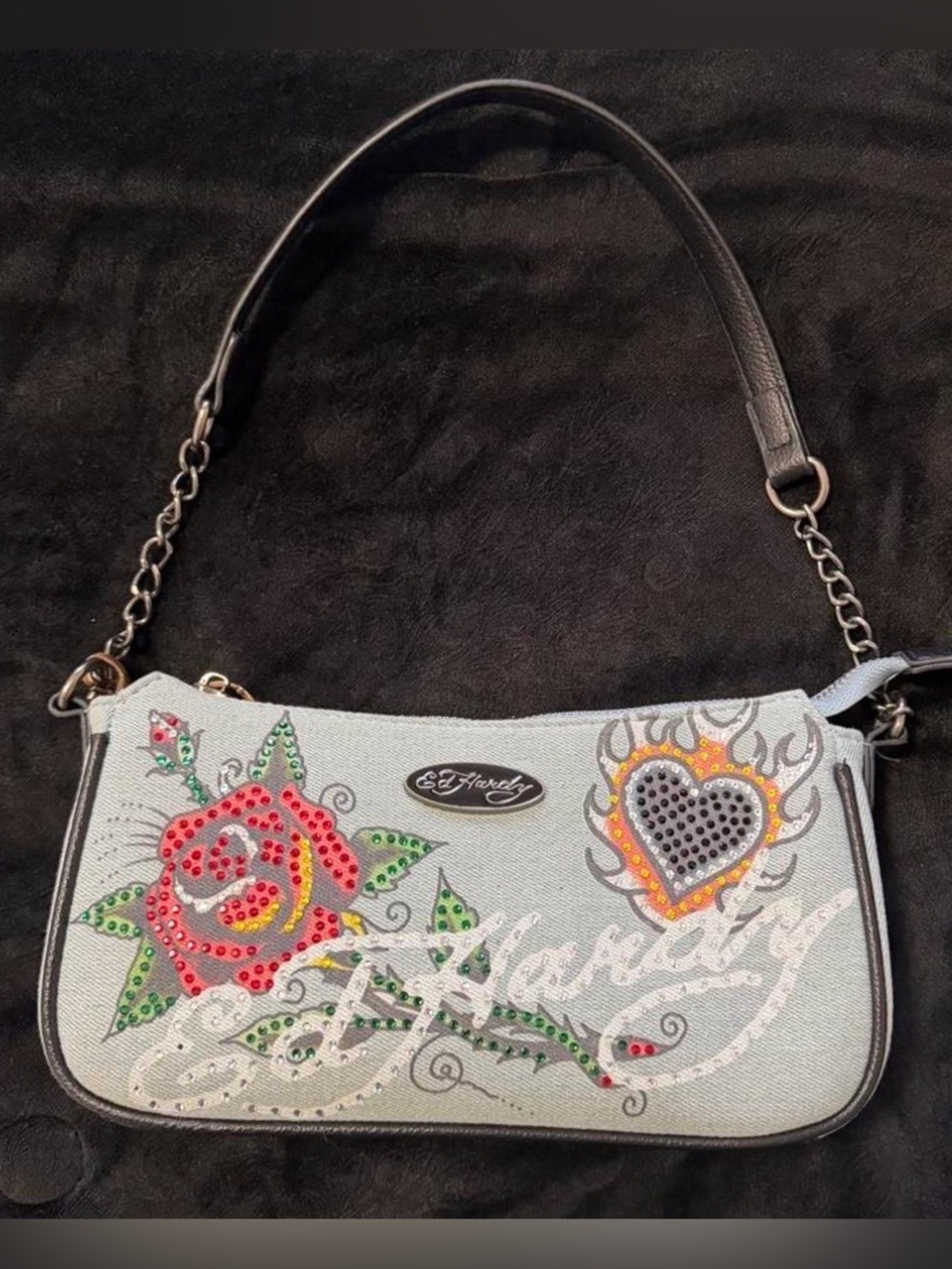 Ed Hardy Denim Shoulder Bag with Rhinestone Rose & Fiery Heart